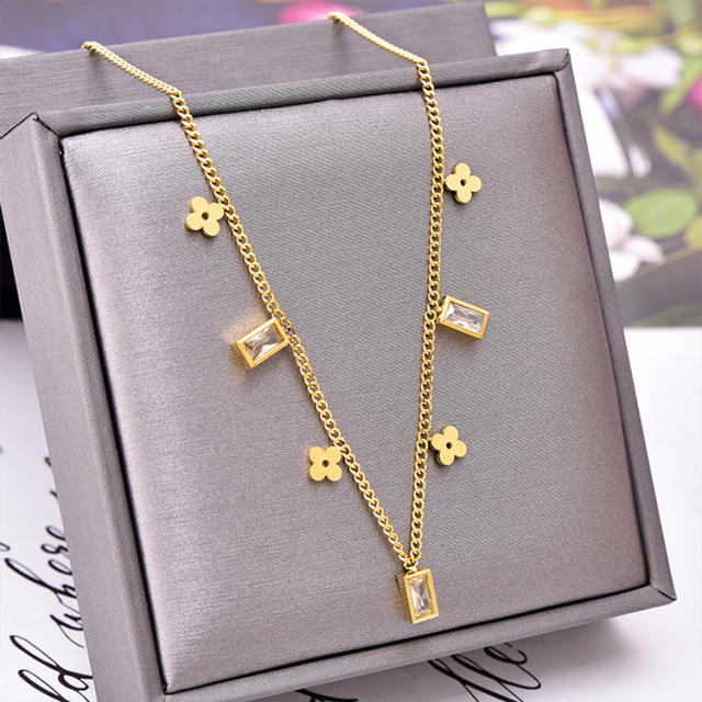 Korean fashion simple design cubic zircon charm stainless steel necklace