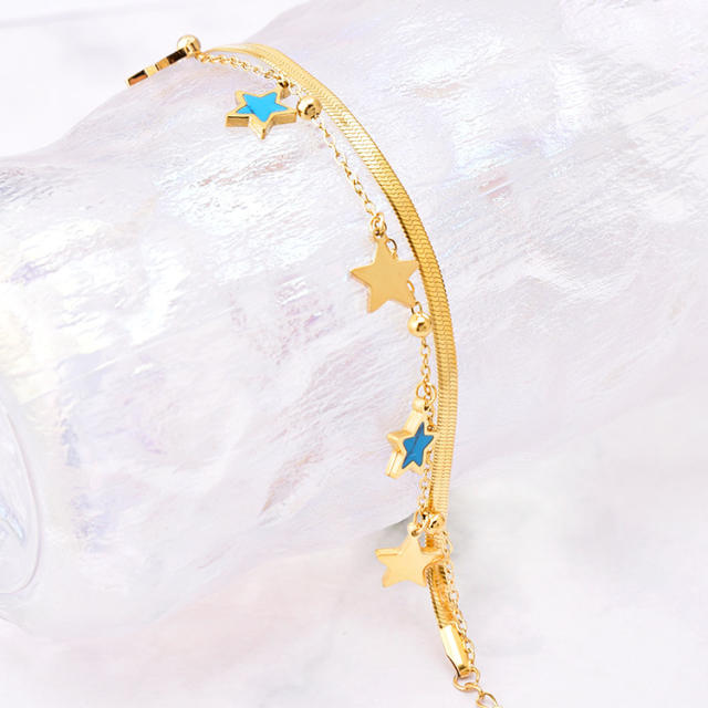 Korean fashion blue star charm stainless steel bracelet chain bracelet