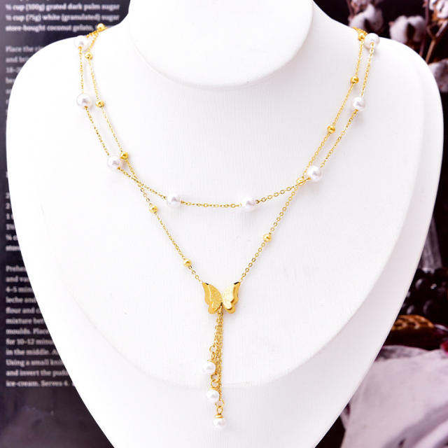 Korean fashion two layer frost butterfly pearl stainless steel necklace