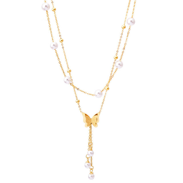 Korean fashion two layer frost butterfly pearl stainless steel necklace