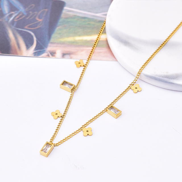 Korean fashion simple design cubic zircon charm stainless steel necklace