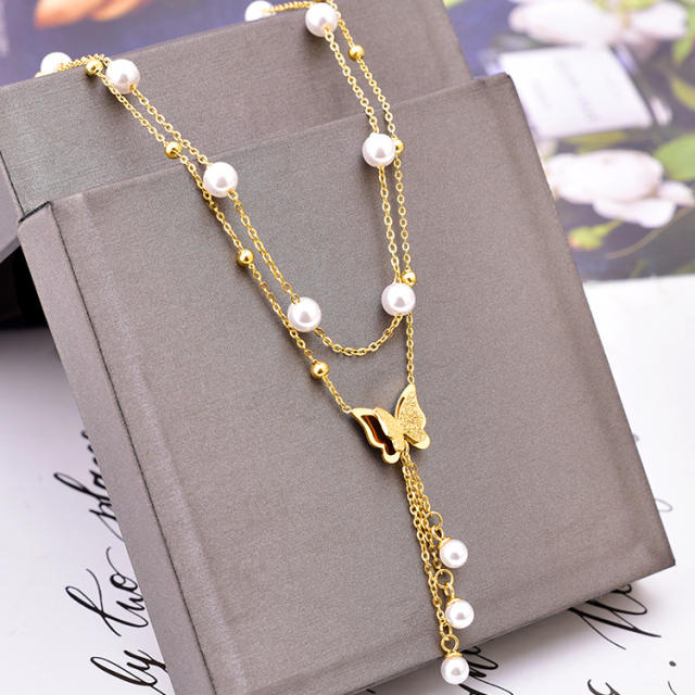 Korean fashion two layer frost butterfly pearl stainless steel necklace