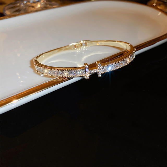 Classic diamond letter real gold plated bangle bracelet