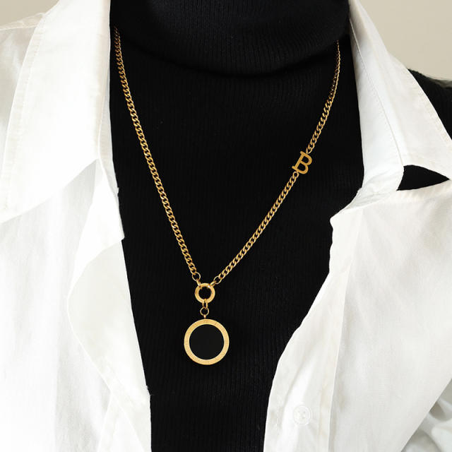 Popular black white two side round pendant stainless steel necklace long necklace