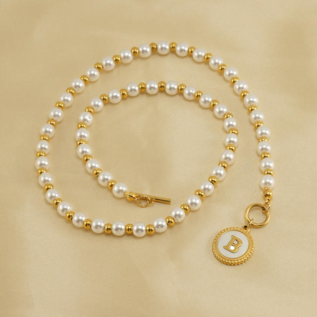 18K initial necklace pearl beaded stainless steel necklace