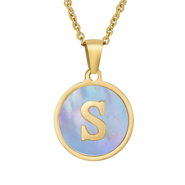 18K blue color shell round pendant initial necklace stainless steel necklace