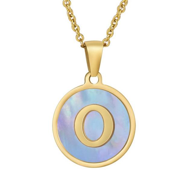 18K blue color shell round pendant initial necklace stainless steel necklace