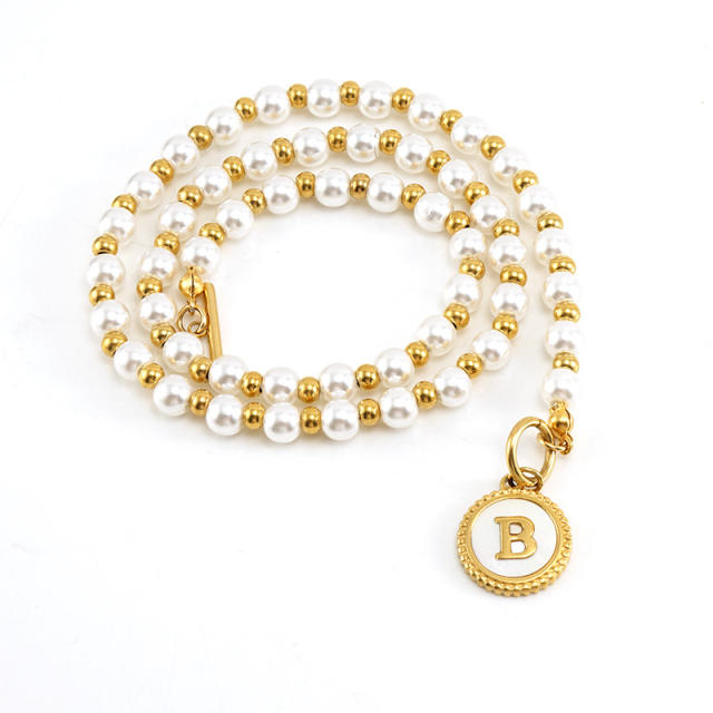 18K initial necklace pearl beaded stainless steel necklace