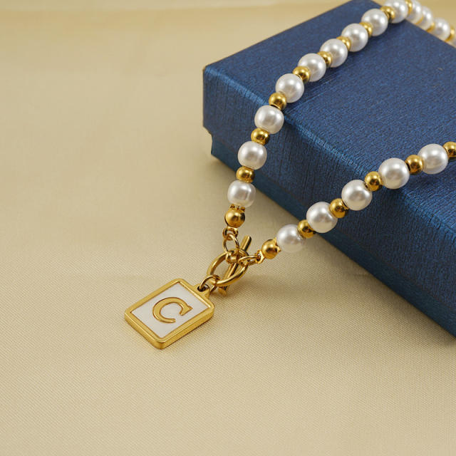 Shell square pendant initial necklace stainless steel necklace pearl necklace