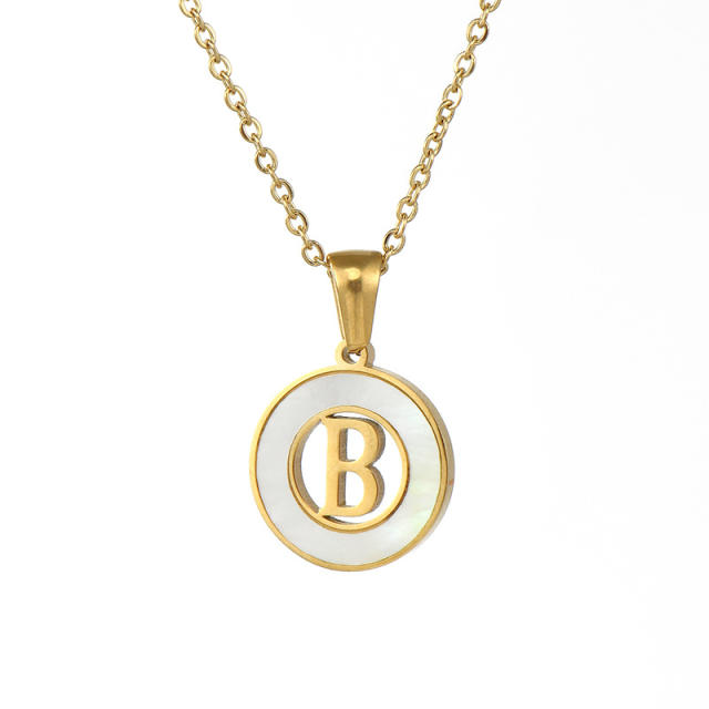 Classic hollow out initial necklace round pendant stainless steel necklace