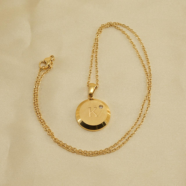 Diamond round pendant initial necklace stainless steel necklace