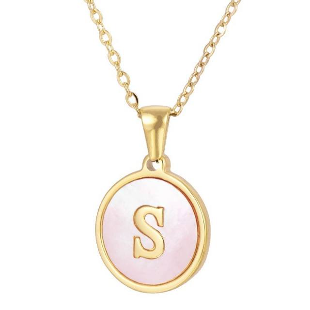 Pink color round pendant initial necklace stainless steel necklace