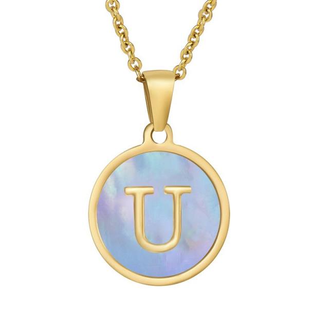 18K blue color shell round pendant initial necklace stainless steel necklace