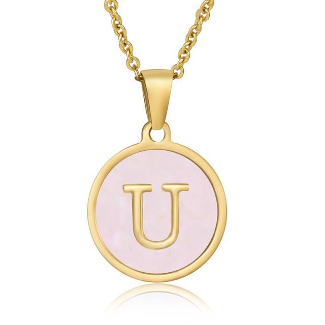 Pink color round pendant initial necklace stainless steel necklace