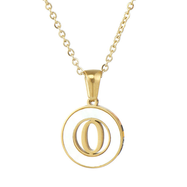 Classic hollow out initial necklace round pendant stainless steel necklace