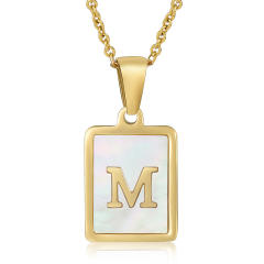 18K initial necklace square pendant stainless steel necklace