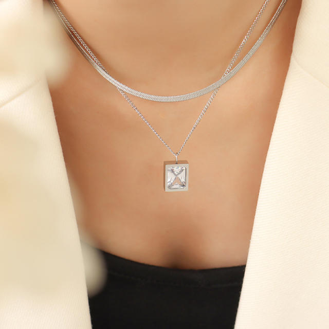 Square cubic zircon pendant stainless steel necklace layer necklace
