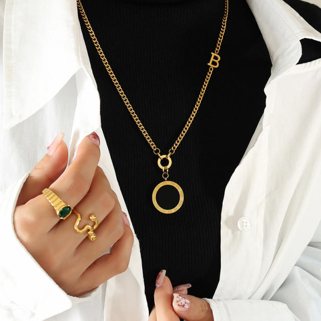 Popular black white two side round pendant stainless steel necklace long necklace