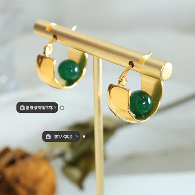 Emeral bead stainless steel earrings hoop earrings