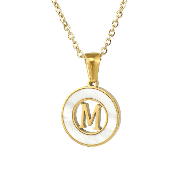 Classic hollow out initial necklace round pendant stainless steel necklace