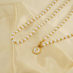 18K initial necklace pearl beaded stainless steel necklace
