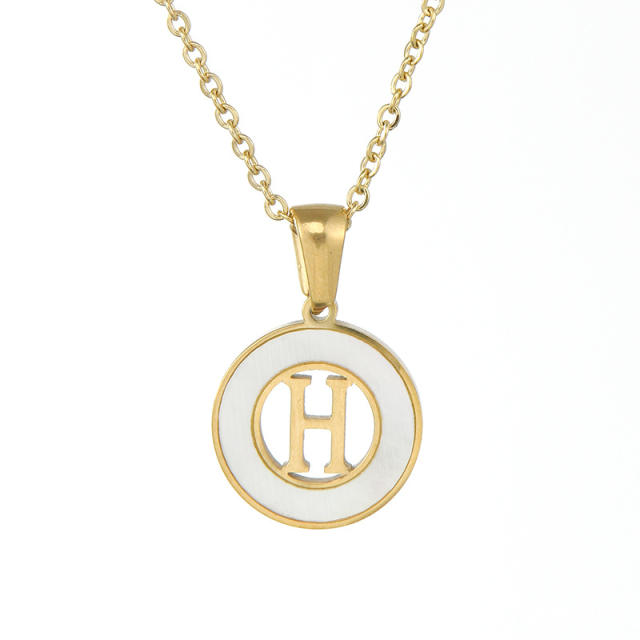 Classic hollow out initial necklace round pendant stainless steel necklace