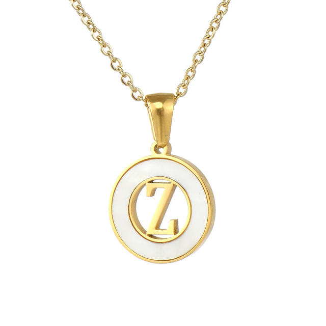 Classic hollow out initial necklace round pendant stainless steel necklace