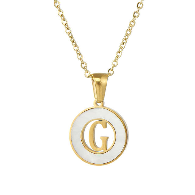 Classic hollow out initial necklace round pendant stainless steel necklace