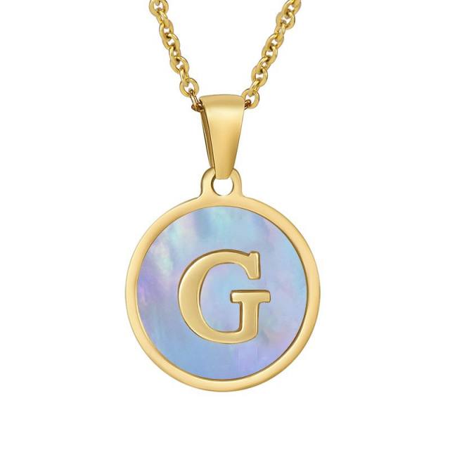 18K blue color shell round pendant initial necklace stainless steel necklace