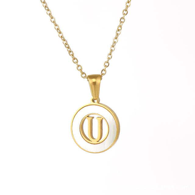 Classic hollow out initial necklace round pendant stainless steel necklace