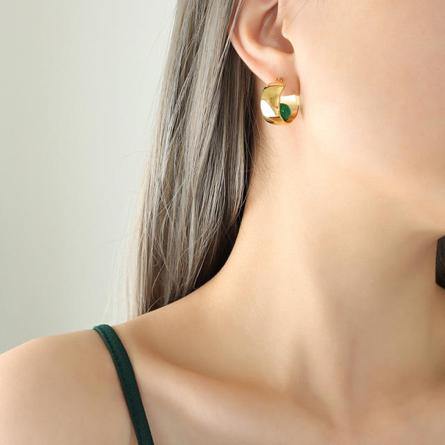 Emeral bead stainless steel earrings hoop earrings