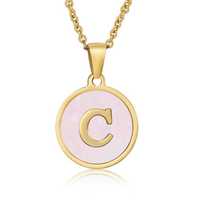 Pink color round pendant initial necklace stainless steel necklace