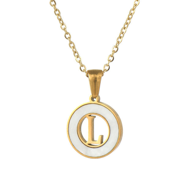 Classic hollow out initial necklace round pendant stainless steel necklace
