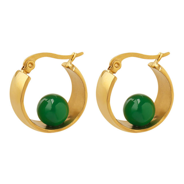 Emeral bead stainless steel earrings hoop earrings