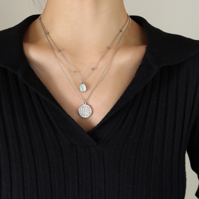 Vintage love letter oval pendant layer necklace stainless steel necklace