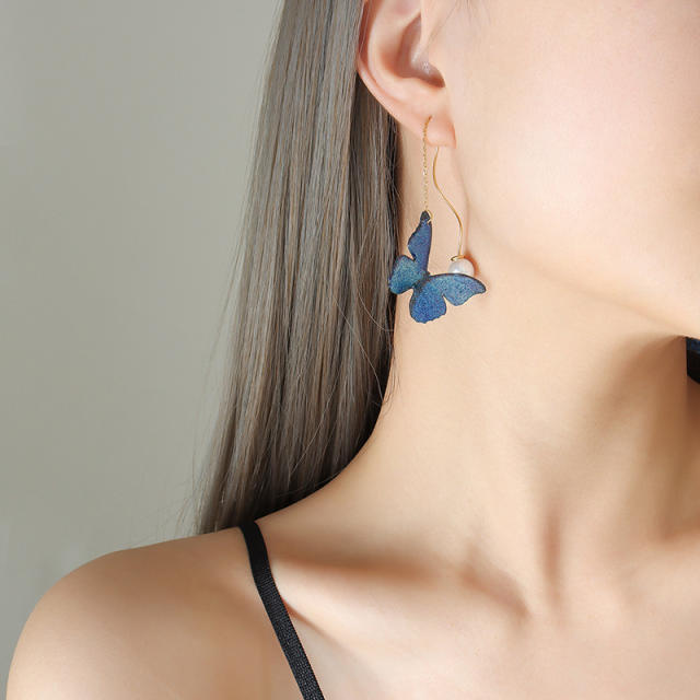 Elegant blue butterfly stainless steel earrings threader earrings