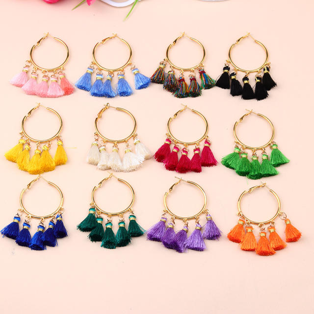 Boho colorful rope tassel hoop earrings