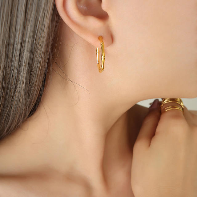 18K bamboo earrings hoop stainless steel earrings