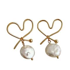 Baroque pearl metal heart hollow earrings