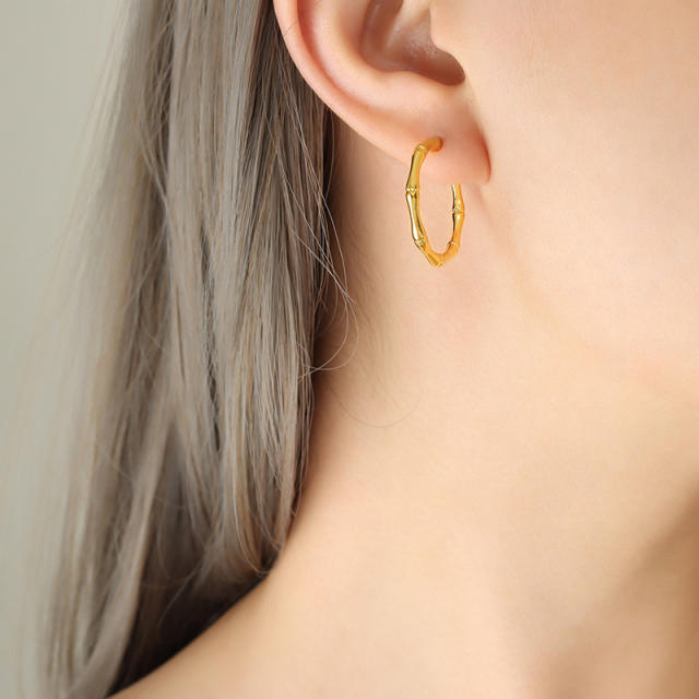 18K bamboo earrings hoop stainless steel earrings