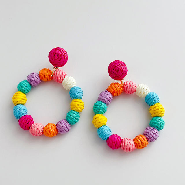 Holiday trend colorful ball straw earrings