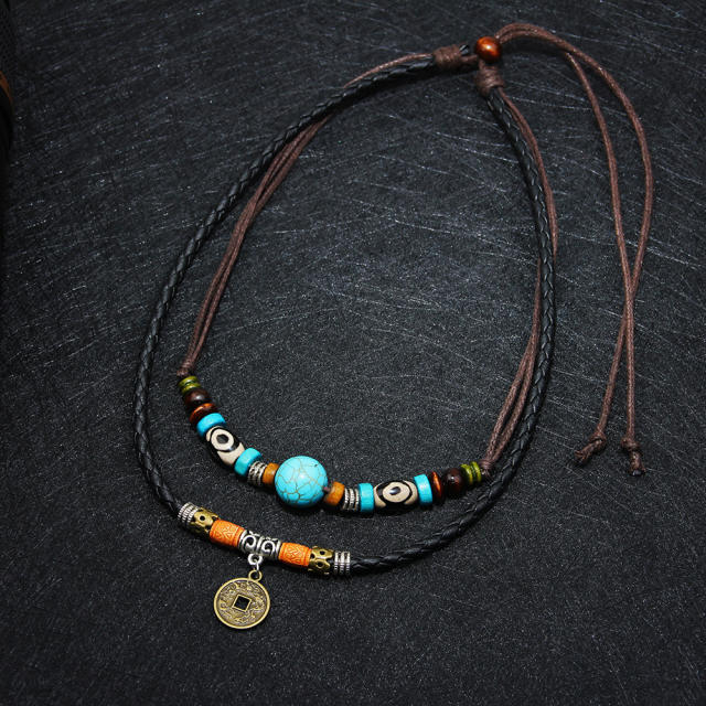 Occident fashion turquoise beads coin two layer men necklace