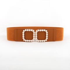 Faux pearl square buckle elastic corset belt for women