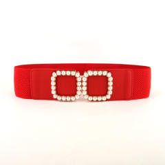 Faux pearl square buckle elastic corset belt for women