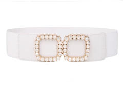 Faux pearl square buckle elastic corset belt for women