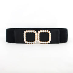 Faux pearl square buckle elastic corset belt for women
