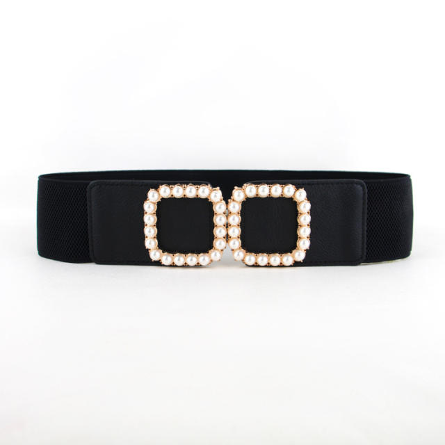 Faux pearl square buckle elastic corset belt for women