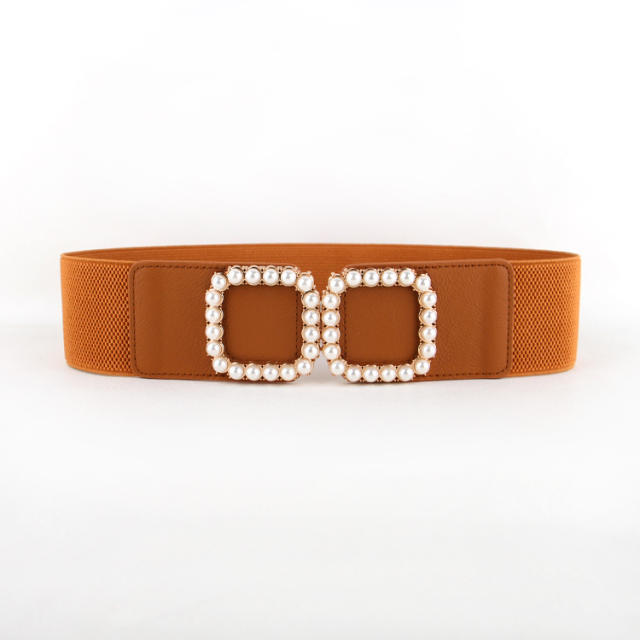 Faux pearl square buckle elastic corset belt for women