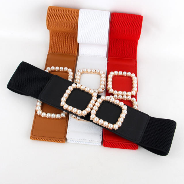 Faux pearl square buckle elastic corset belt for women