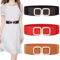 Faux pearl square buckle elastic corset belt for women